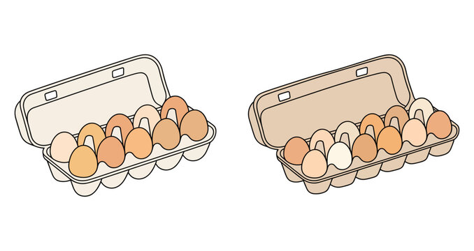 Open egg cartons filled with brown and white eggs in a simple flat editable