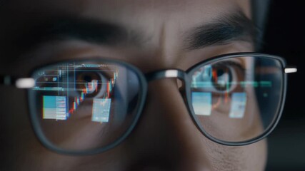 Close-up of a person's eyes wearing glasses with a digital interface reflected in the lenses, against a dark background with a futuristic and technological mood. - Powered by Adobe