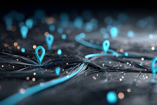 Glowing navigation path with blue location pins on dark abstract background illustrating travel or digital route planning concept in 3D Rendering. 3D Rendering - Powered by Adobe