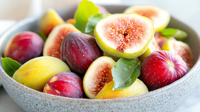 A vibrant bowl of fresh figs showcasing different varieties, perfect for healthy snacking or culinary use. - Powered by Adobe
