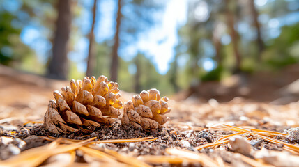 Fototapeta premium Close-up of pine cones resting on a forest floor, surrounded by pine needles and soft sunlight filtering through trees.