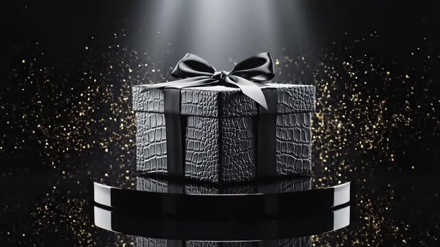 Three black gift boxes with silver bows on black pedestals with gold glitter