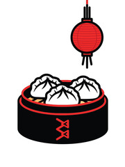 Obraz premium Traditional Chinese Dim Sum Dumplings in Bamboo Steamer with Lantern.