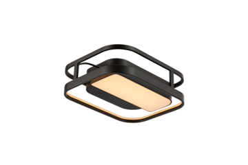 Modern black ceiling light fixture with illuminated panel isolated on transparent background