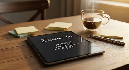 Planning dreams for new year 2026 on tablet with coffee