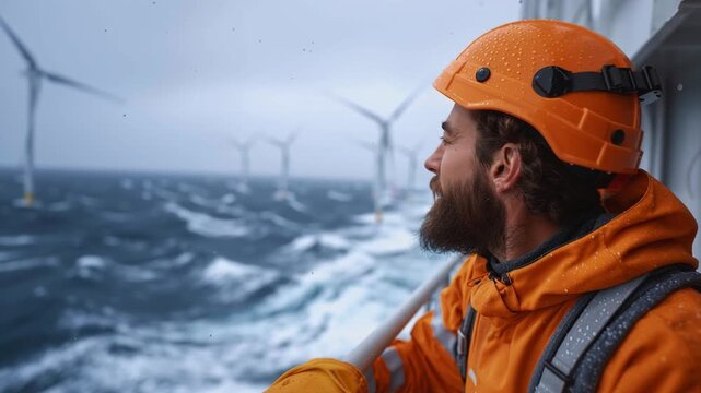 An engineer on a repair vessel at sea with a field of wind turbines in the background, footage about the development of power generation systems