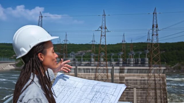 female engineer on the observation deck of a huge hydroelectric power station holding a drawing of the construction project of an engineering structure