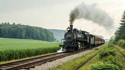 Naklejka premium Vintage Steam Engine Train Traveling Through Green Countryside