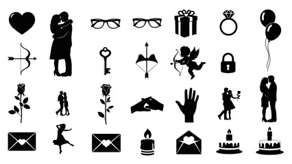 Set of black silhouettes illustrating various everyday life symbols and activities