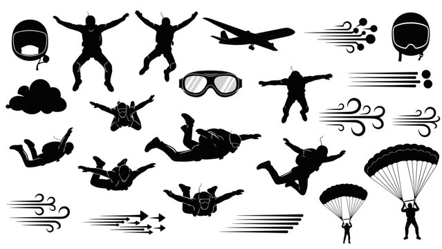 Collection of skydivers paratroopers jumping with parachutes in formation