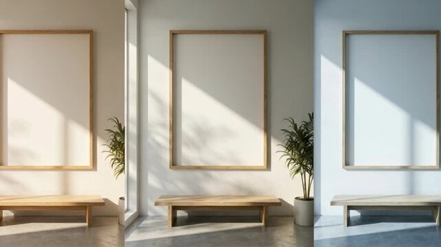 Minimalist Interior With Three Vertical Frames On White Walls And Wooden Benches Showing Natural Sunlight Shadows And Potted Plants Ambient