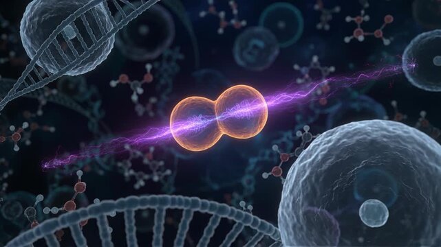 Cell Division Mitosis Process Microscopic View With Spindle Fibers And Chromosomes In Orange And Purple Glow Dark Background