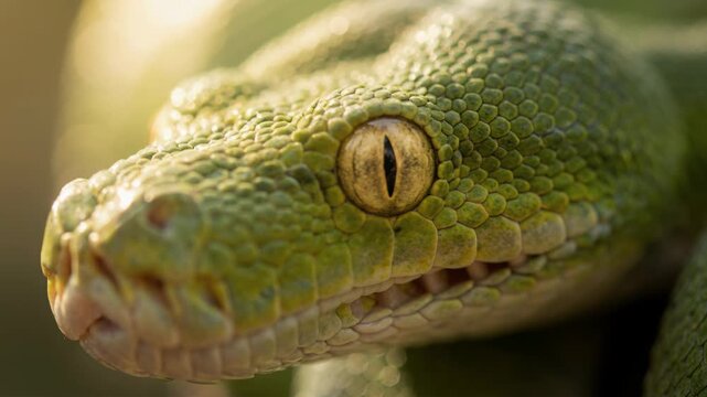 Close up Of Emerald Green Tree Python Head With Golden Eye Detail And Natural Soft Light Bokeh Background