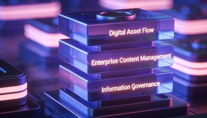 Stacked Glowing Data Blocks Representing Digital Asset Flow, Enterprise Content Management, and Information Governance in a Secure Digital Environment, Professional High-Tech Visualization.