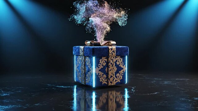 Blue gift box with gold designs exploding with colorful particles on black