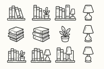 Icon plant collection potted icons shelf corner books aesthetic lamp book setup