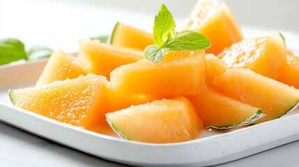 Fresh and juicy melon slices garnished with mint on a white plate, perfect for summer snacks and healthy desserts.