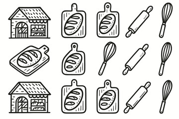 Breadboard rolling pin vector set collection bakehouse whisk artisan icon doodle bakery