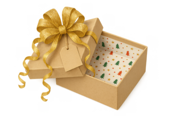 Open christmas kraft gift box with gold ribbon and blank tag, revealing festive tree pattern inside, transparent background