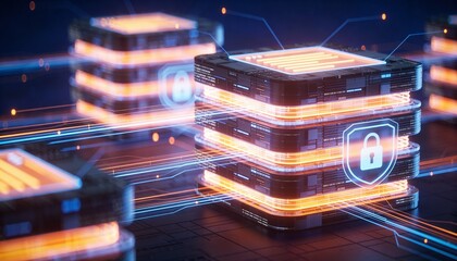 Stacked Glowing Data Blocks Representing Digital Asset Flow, Enterprise Content Management, and Information Governance in a Secure Digital Environment, Professional High-Tech Visualization.