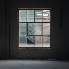 Obraz premium Broken window in abandoned industrial building with subdued lighting