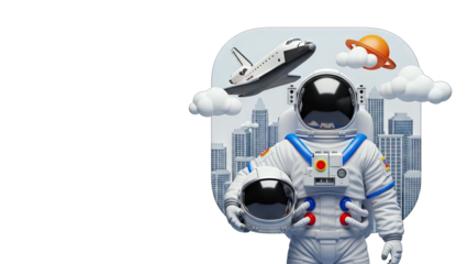 Astronaut Holding Helmet in Front of City and Space Shuttle