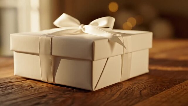 Three white gift boxes with ribbons on a wooden table indoors