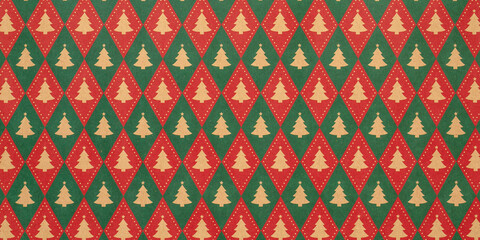 Green and red Christmas background with snowflakes and christmas trees,seamless pattern of christmas trees and snowflakes on green background,Christmas wrapping paper, Xmas pattern with ornaments.