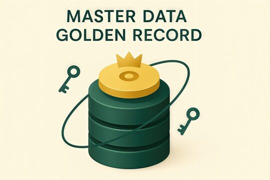 Master data visualization depicting a golden record layered with keys representing data integrity and security in a modern digital environment emphasizing trust and authenticity