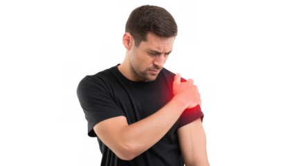 Medical illustration highlighting rotator cuff muscles and tendons in yellow and red, indicating strain injury on a transparent background for clear visualization of shoulder anatomy