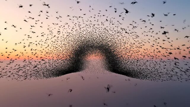 Spectacular Murmuration - A mesmerizing display of starlings in flight at sunset.