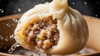 Close-up of a Juicy Chinese Dumpling Filled with Pork and Vegetables