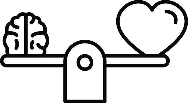 Brain and heart icons on a scale representing balance between logic and emotion