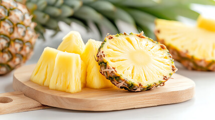 Fresh pineapple slices on a wooden cutting board, showcasing vibrant yellow color and tropical vibe, perfect for summer recipes.