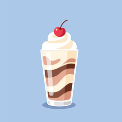 Delicious chocolate and vanilla milkshake with whipped cream and cherry. Sweet creamy smoothie layered drink. Refreshing dessert beverage vector.