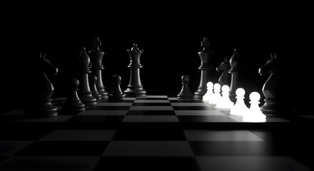 Chess board game. Black and white background. 3d rendering