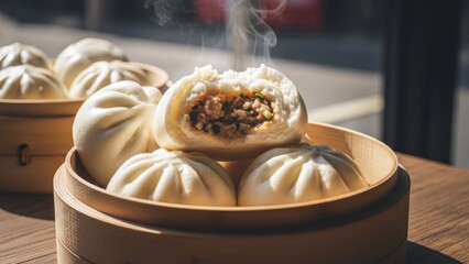 Steaming open-faced dumpling revealing flavorful meat filling in bamboo