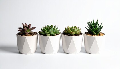 Obraz premium Four small succulents in white pots.