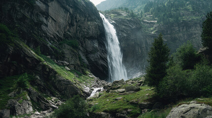 A majestic waterfall cascades down a steep rocky cliff surrounded by lush green vegetation and towe trees in a scenic mountain landscape, breathtaking.