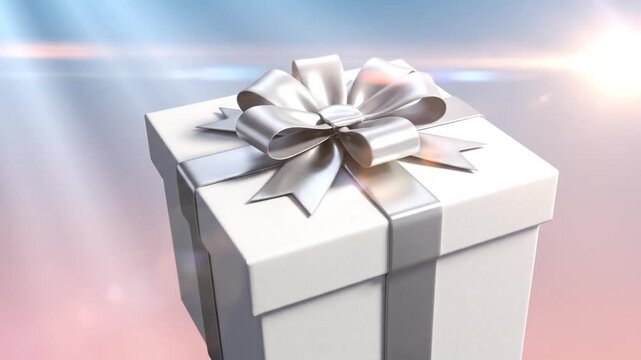 Three white gift boxes with silver bows on a pastel background