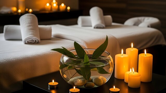 romantic spa massage room with candles and soft lighting creating tranquil atmosphere for relaxation and wellness treatments with rolled towels on beds. - Powered by Adobe