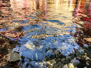Abstract Close-Up of Rippling Water Surface with Distorted Reflections of Warm Colors and Sunlight