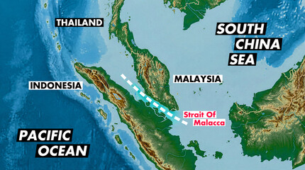 Top Down Terrain Map View Of Strait Of Malacca With Red Location Pin JPG