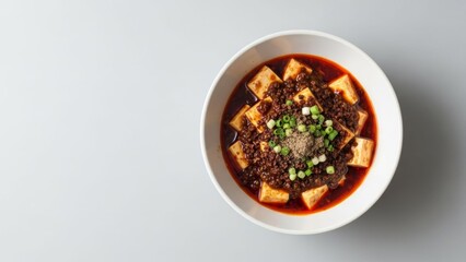 Delicious spicy mapo tofu dish with ground meat and chopped green onions in a