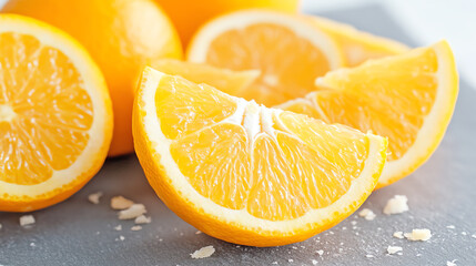 Freshly sliced oranges arranged beautifully on a grey surface, showcasing vibrant colors and juicy segments.