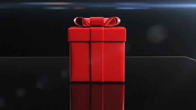Three red gift boxes with ribbons on a reflective black surface