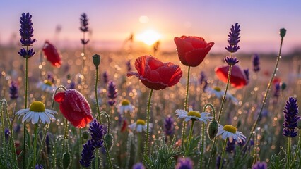 Stunning close-up view of a vibrant poppy and lavender field at sunrise, with dewdrops glistening on petals, capturing the peaceful beauty of a summer morning