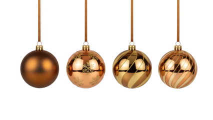 Four brown and gold christmas ornaments with varying patterns hanging against a black background isolated on transparent background