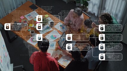 A diverse team actively engages in a brainstorming session at the office, surrounded by colorful sketches and digital security symbols, emphasizing innovation and connection. Raster