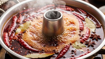 Spicy hot pot with aromatic spices and colorful ingredients in a traditional pan